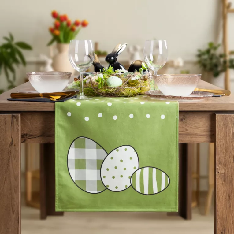 Bieżnik na stół zielono, biały 35x140 cm welwetowy WIOSNA 3 zdobiony nadrukiem pisanek