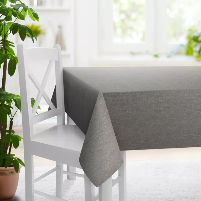 Obrus szyty popielaty z tkaniny melanżowej przetykanej błyszczącą nicią