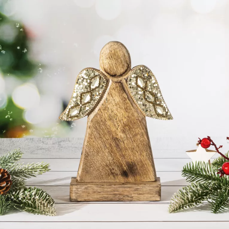 Figurka drewniany ANIOŁEK z skrzydłami zdobionymi błyszczącymi cyrkoniami oraz lśniącym brokatem