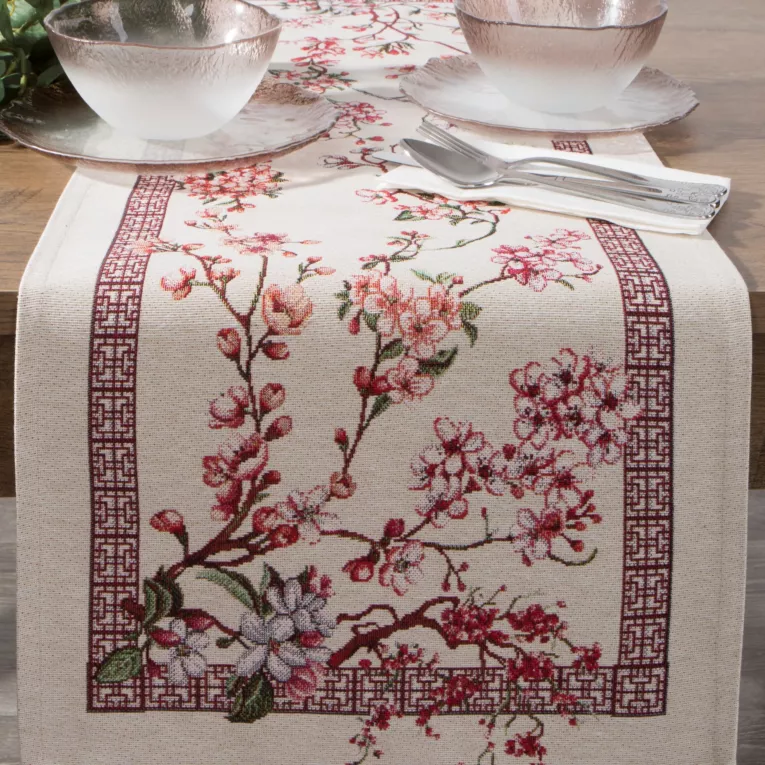 Bieżnik na stół 40x100 cm naturalno, różowy gobelinowy zdobiony motywem inspirowanym japońskim kwiatem wiśni