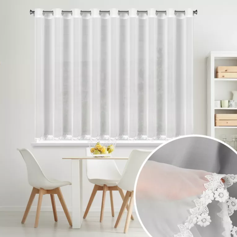 Firana biała z szyfonu zdobiona haftowaną aplikacją 400x140 cm przelotka - LILI