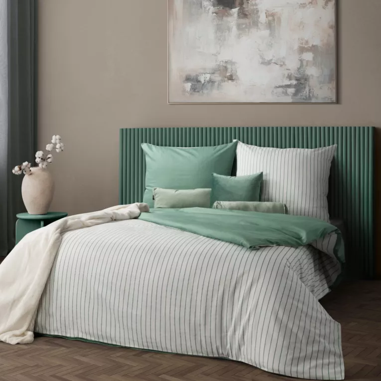 Pościel 140x200 cm komplet 2 częściowy z satyny bawełnianej kolor biało, miętowy w paseczki RAYA