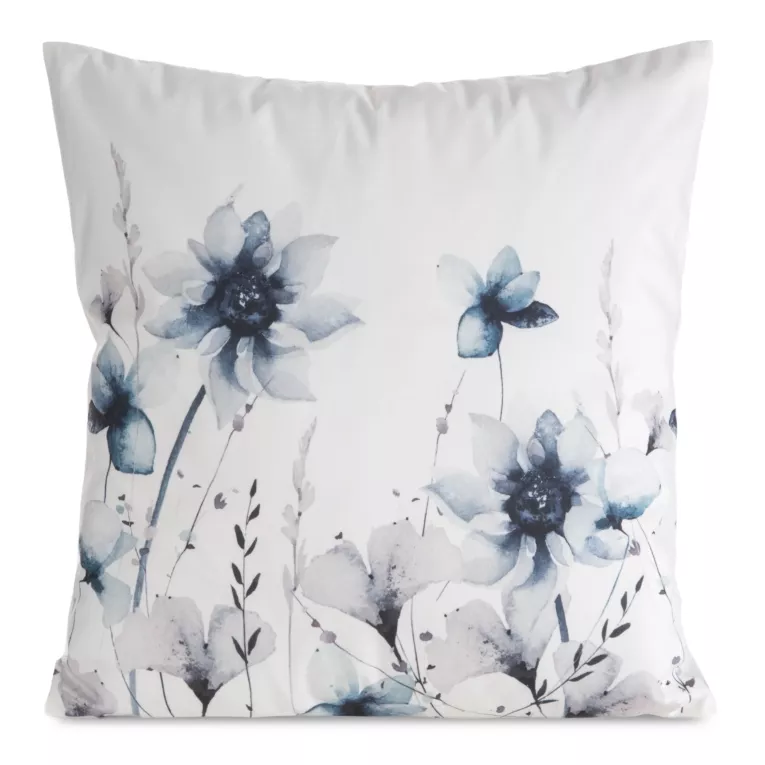 Poszewka na poduszkę 45x45 cm welwetowa biało, granatowa zdobiona nadrukiem letnich kwiatów MINK