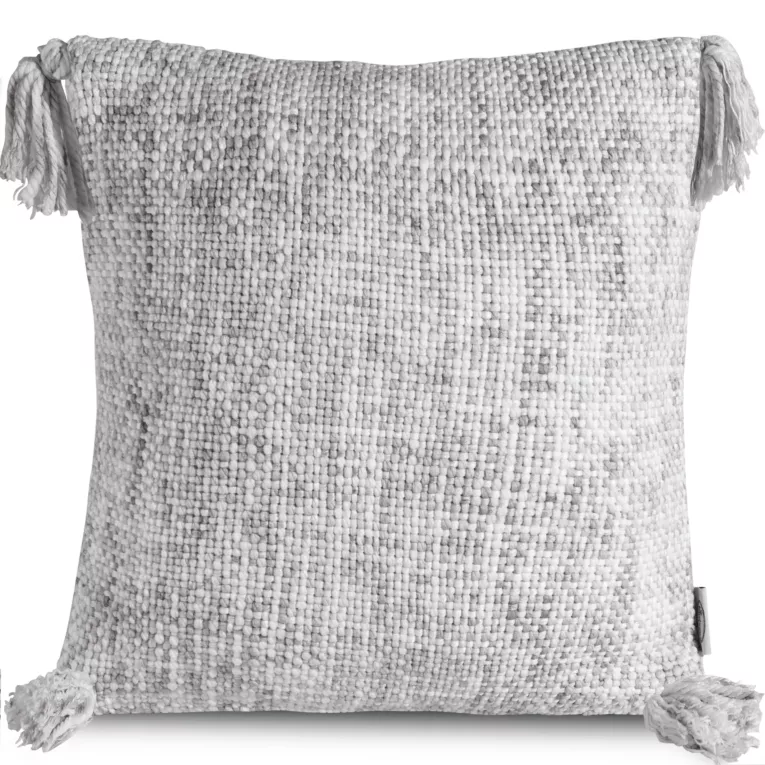 Poszewka na poduszkę 40x40 cm z tkaniny o wyraźnym grubym splocie srebrna z chwostami na rogach GATI