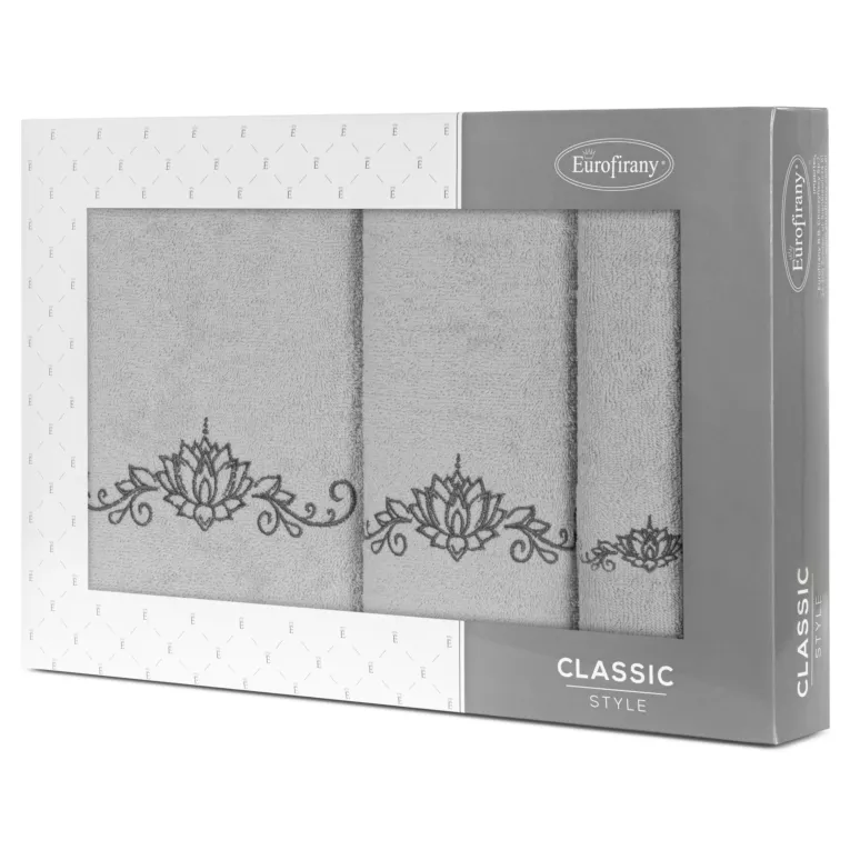 Zestaw ręczników bawełnianych na prezent 3 szt kolor srebrny,grafitowy z haftowanym wzorem lili wodnej 380g/m2 LILIANA