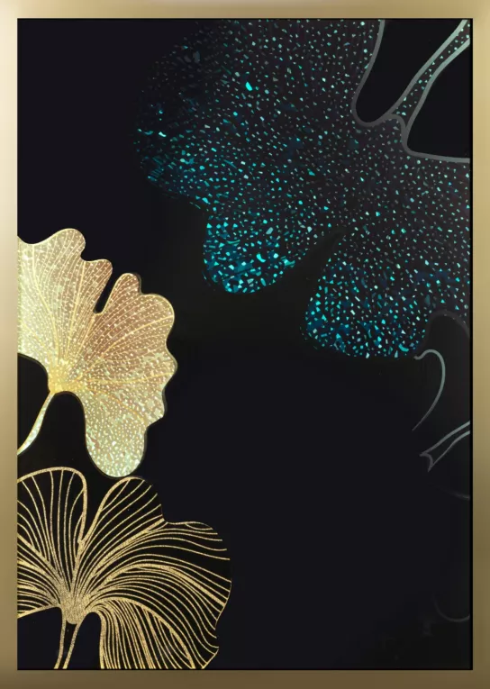 Obraz drukowany BOTANIC ze złotym zdobieniem i brokatowym liściem miłorzębu w złotej ramie