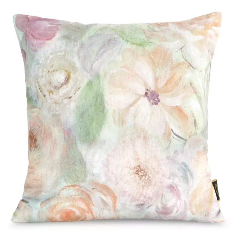 Poszewka na poduszkę 45x45 cm o strukturze lnu z nadrukiem subtelnych kwiatów beżowo, zielona LEN