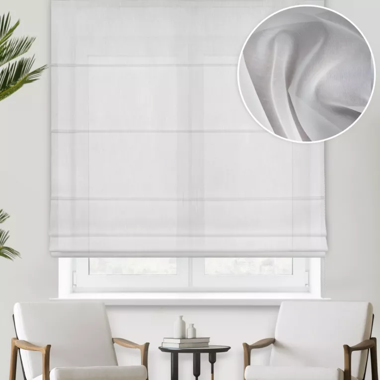 Roleta rzymska kremowa półprzezroczysta, matowa, z tkaniny typu batyst o niestandardowej wysokości 340cm, wykończona obciążnikiem