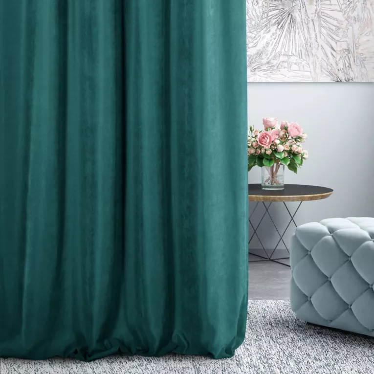 Zasłona szyta na taśmie 5 cm DORA - HIT turkusowa z miękkiej tkaniny o welurowej strukturze