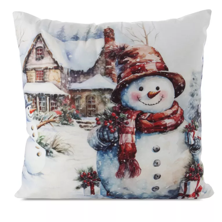 Poszewka na poduszkę świąteczna 45x45 cm biało, czerwona zdobiona nadrukiem uroczego bałwanka