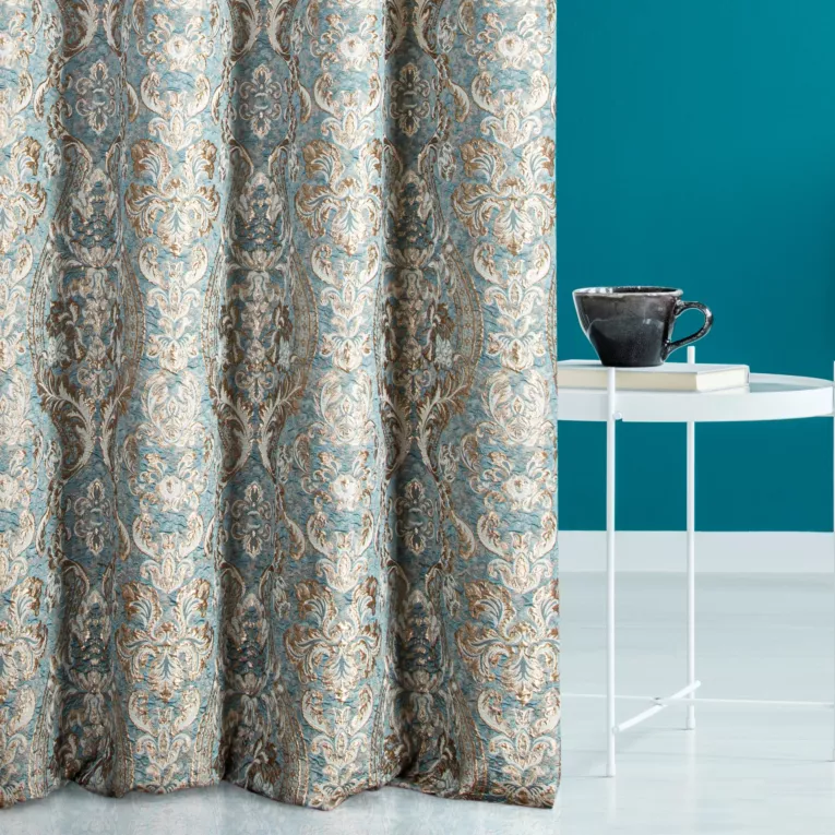 Zasłona szyta na taśmie 5 cm ALEPPO turkusowo złocista elegancka z dużym wzorem roślinno ornamentowym z połyskliwą nicią lureksową i efektem marszczenia