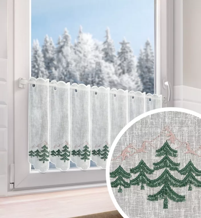 Tkanina firanowa zazdrostka z etaminy zdobiona świątecznym haftem z motywem choinek