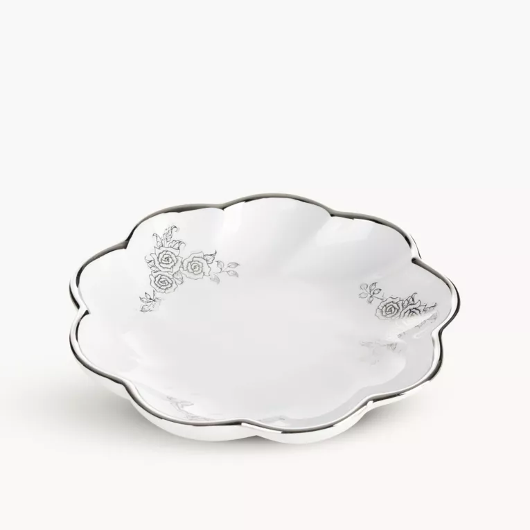 Patera dekoracyjna biało, srebrna  o falowanej formie 20x4 cm ELSA