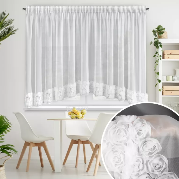 Firana biała z siateczki zdobiona łukiem 3D róż 400x160 cm taśma - ROSES4 - Eva Minge