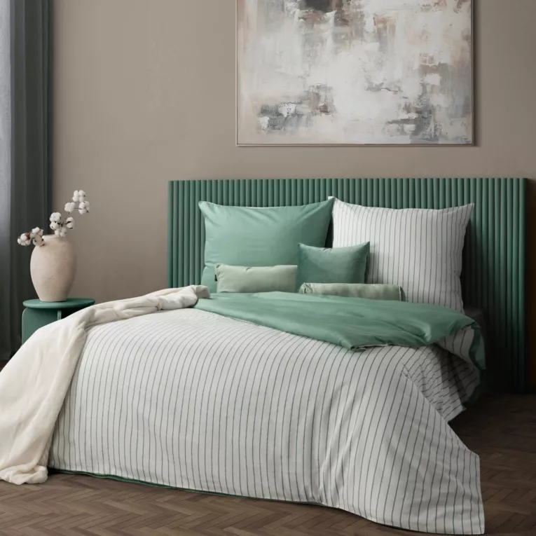 Pościel 160x200 cm komplet 3 częściowy z satyny bawełnianej kolor biało, miętowy w paseczki RAYA