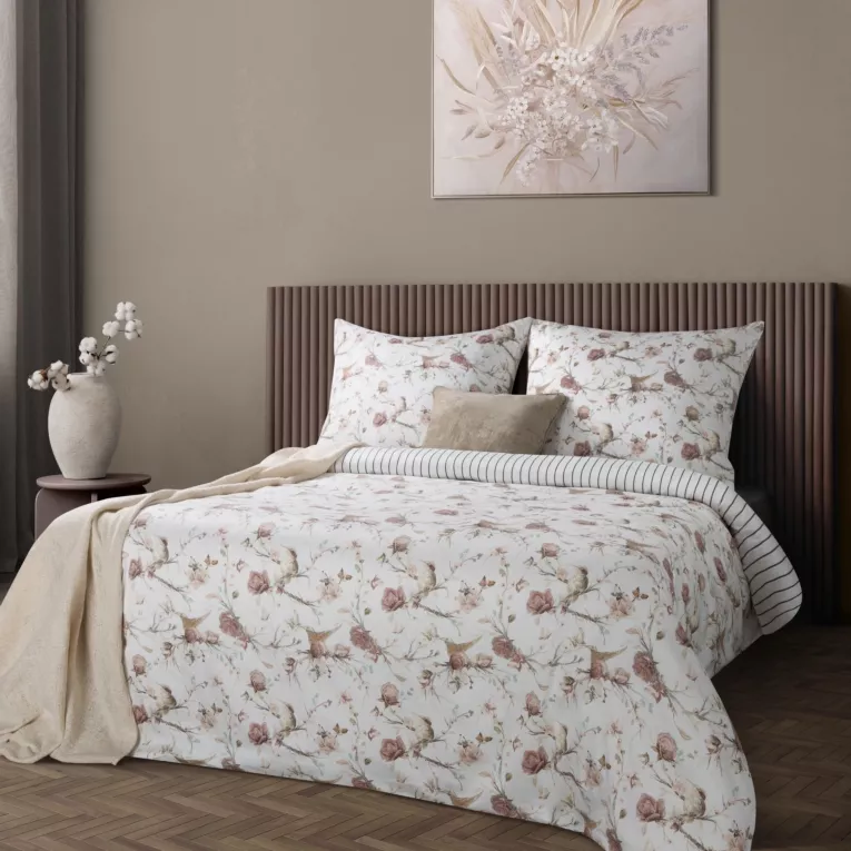 Pościel 140x200 cm komplet 2 częściowy z satyny bawełnianej kolor biało, różowy zdobiona nadrukiem roślinnym RAYA 2