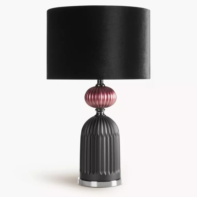 Lampa stołowa do pokoju czarno, bordowa GIANA o szklanej tłoczonej podstawie i welwetowym abażurem