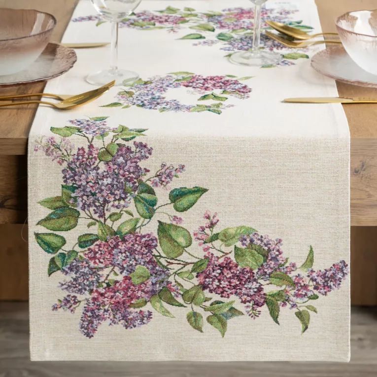 Obrus na stół naturalno, fioletowy 40x100 cm gobelinowy zdobiony motywem bzu
