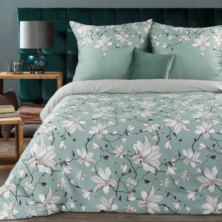 Pościel 220x200 cm bawełniana kolor miętowy, jasnoszary z roślinnym wzorem SPRING 4