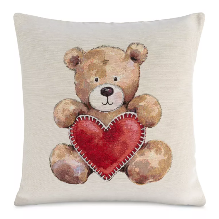 Poszewka na poduszkę 45x45 cm bawełniana, gobelinowa naturalno, czerwona z motywem misia GOB