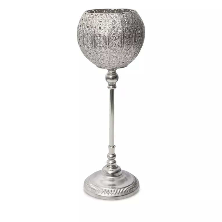Świecznik bankietowy metalowy AMELI  na wysmukłej metalowej  nóżce i ażurowym kielichu