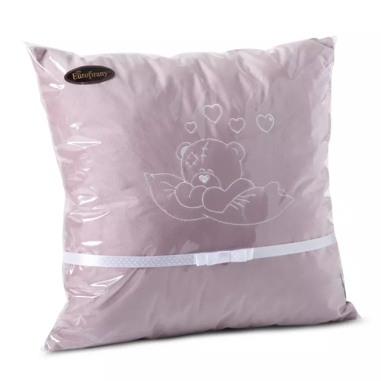 Kompozycja prezentowa, poduszka dla dziecka 40x40 cm kolor wrzosowy z haftem misia