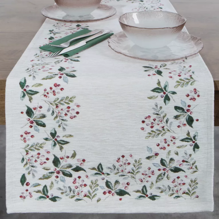 Świąteczny bieżnik kolor naturalno, zielony 40x100 cm szenilowy tkany motywem zimowym