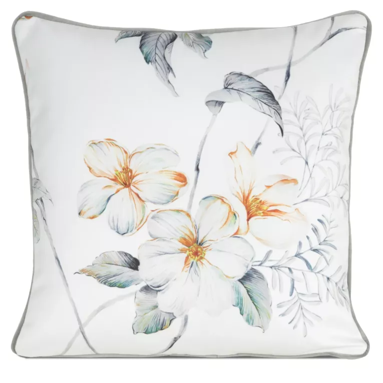 Poszewka na poduszkę dwustronna 45x45 cm welwetowa, biało pomarańczowa z motywem roślinnym z wypustką na brzegach AMELIA Eurofirany Premium
