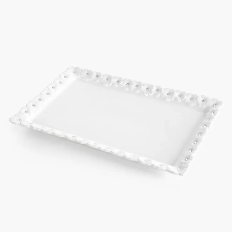 Patera dekoracyjna biała zdobiona w drobne kwiaty z błyszczącym wykończeniem 30x19x3 cm ELISA