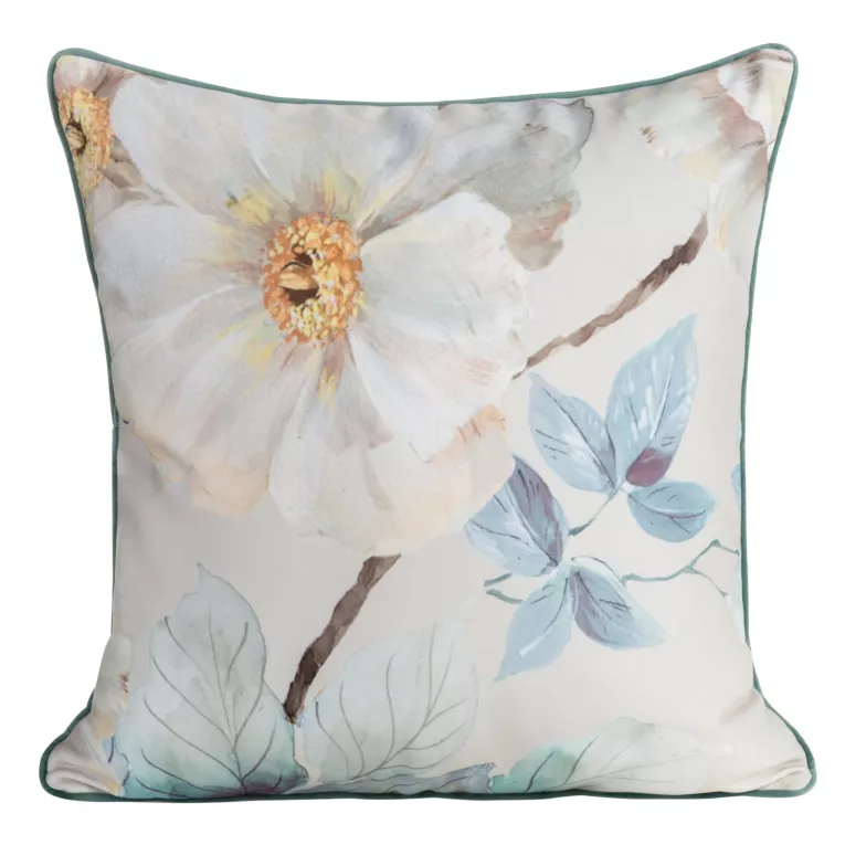 Poszewka na poduszkę 60x60 cm welwetowa błękitna, jasnobeżowa z malarskim nadrukiem wiosennych kwiatów i wypustką na brzegach ALINE