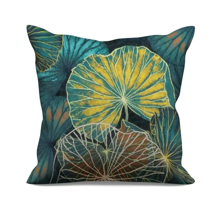 Poszewka szyta turkusowa z miękkej, welwetowej tkaniny, z nadrukowanym wzorem w kształcie liści lilii wodnej