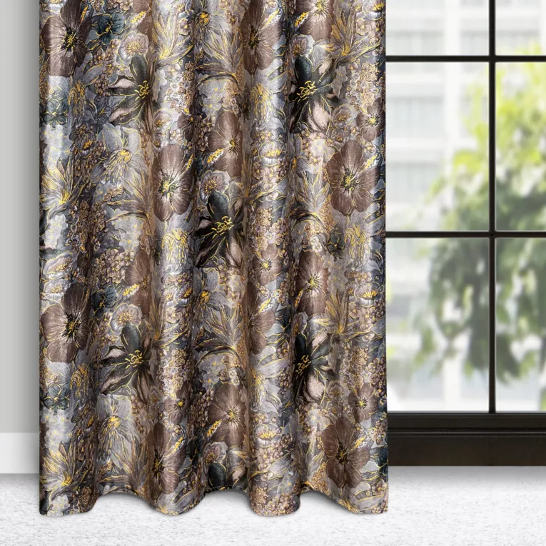 Zasłona stalowo, brązowa w kwiaty z welwetu 140x250 cm przelotka - DIANA