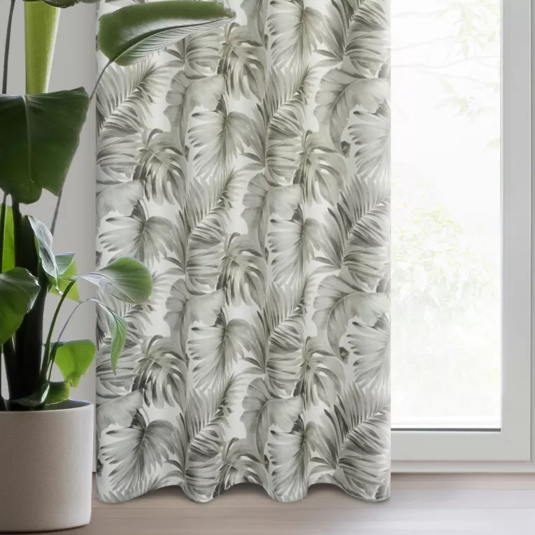 Zasłona biało, beżowa z motywem liści monstery, zaciemniająca 140x250 cm przelotka - ZORA