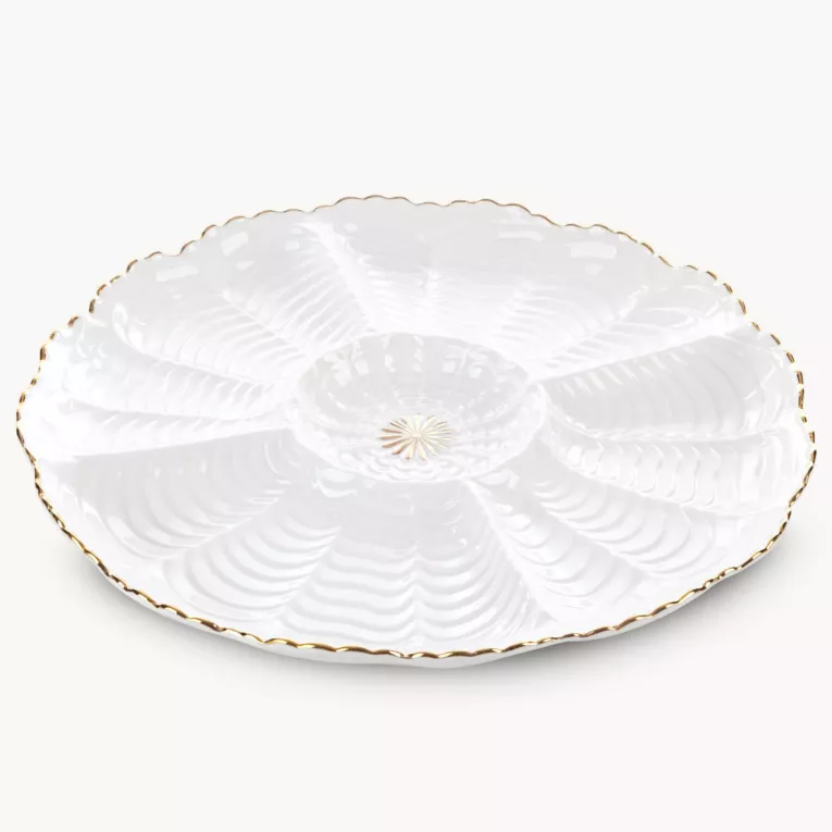 Patera ceramiczna  dekoracyjna kremowo-złota z wypukłym wzorem i złotymi akcentami średnica 28x3 cm GAIA