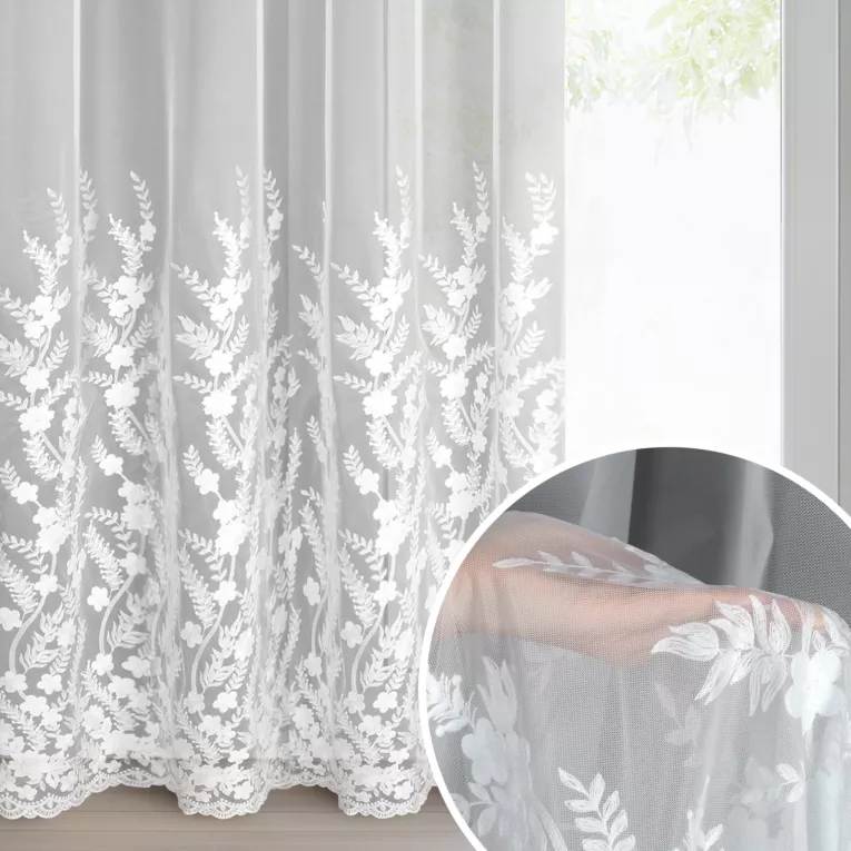 Firana biała z siateczki zdobiona haftem 300x250 cm przelotka - TALINA