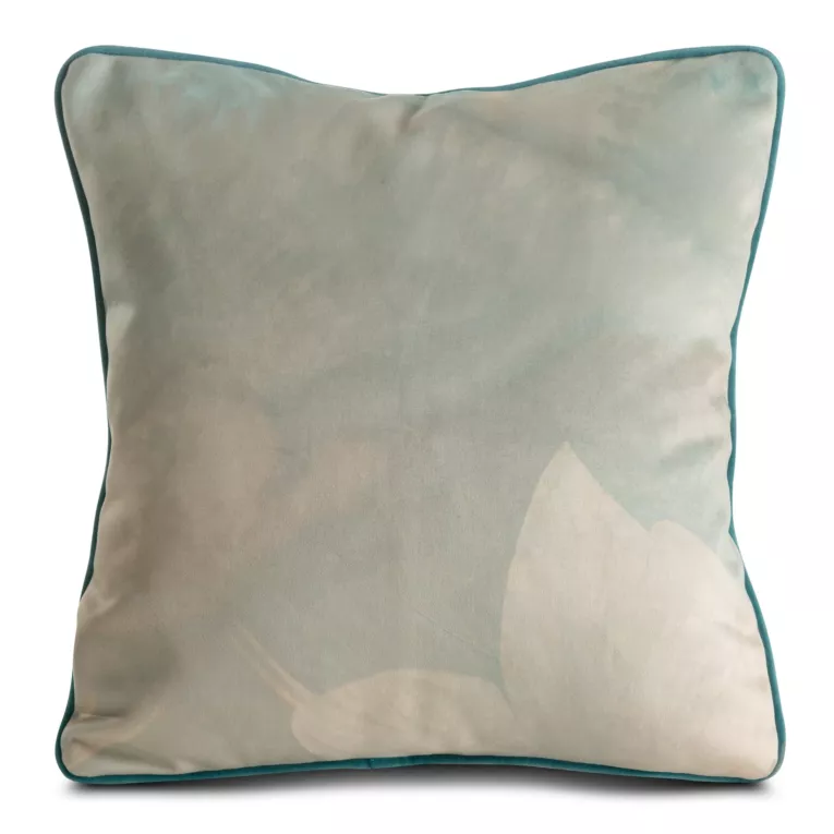 Poszewka na poduszkę 45x45 cm welwetowa, miętowo beżowa z designerskim nadrukiem i wypustką na brzegach MINGE 5 Eva Minge