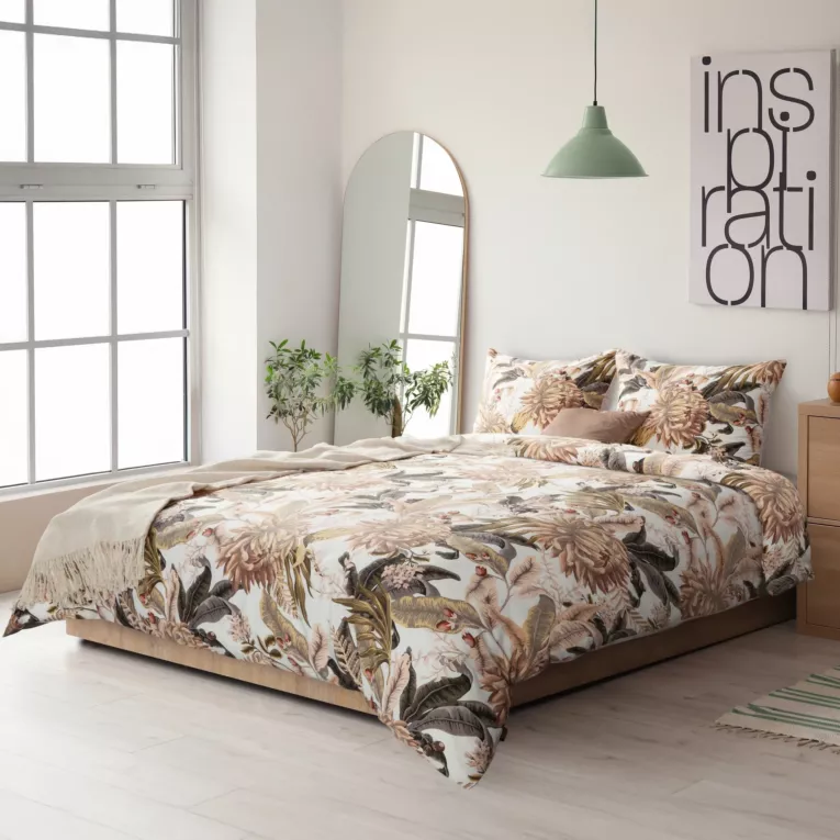 Pościel 220x200 cm bawełniana kolor beżowy, biały z botanicznym wzorem SPRING 17