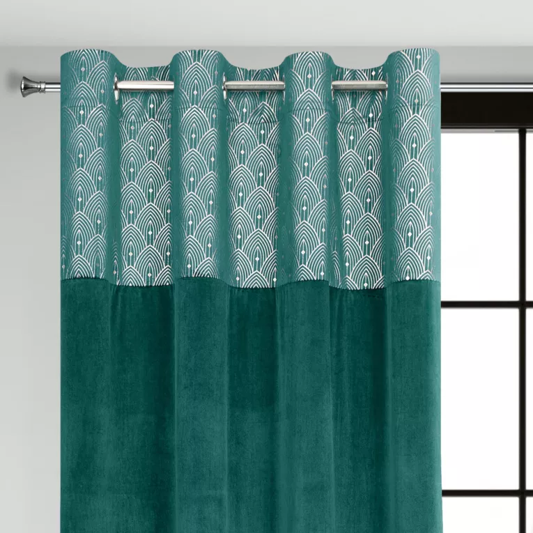 Zasłona turkusowa z aplikacją z błyszczącego welwetu 140x250 cm przelotka - AGNES - Design 91