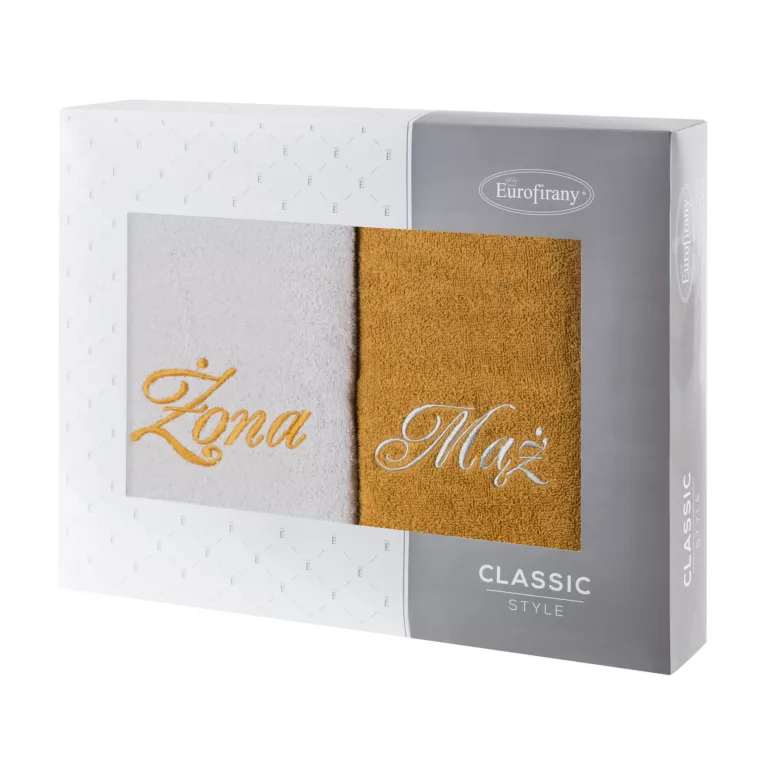 Zestaw ręczników bawełnianych na prezent 2 szt 50x90 cm z haftem Żona i Mąż kolor srebrny,musztarda 400 g/m2