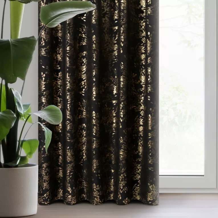 Zasłona welwetowa czarna zdobiona nadrukiem liści 140x270 cm taśma - FELIS