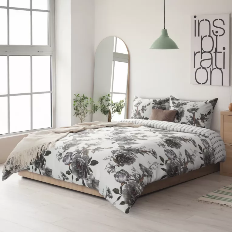 Pościel 220x200 cm bawełniana kolor biały, stalowy z wzorem dużych kwiatów SPRING 39
