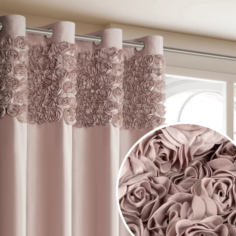 Zasłona pudrowa z welwetu zdobiona aplikacją 3D róż 140x250 cm  przelotka - ROSES Eva Minge