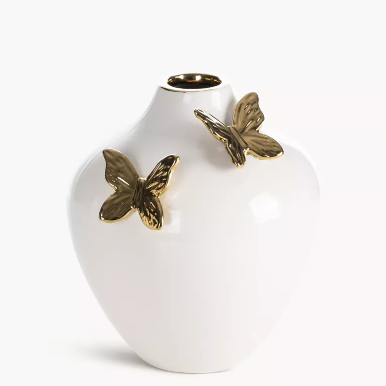 Wazon dekoracyjny kremowo, złoty zdobiony uroczymi motylami 18x7x20 cm ASTRID