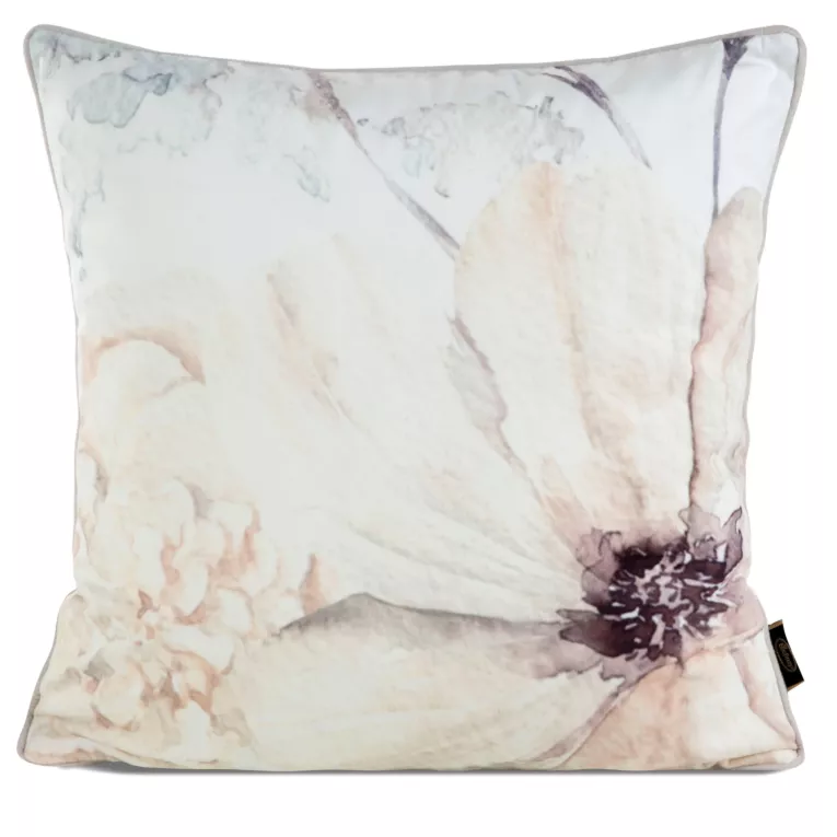 Poszewka na poduszkę 45x45 cm welwetowa, beżowo kremowa, dwustronna z motywem kwiatów VELVET 128 Eurofirany Premium