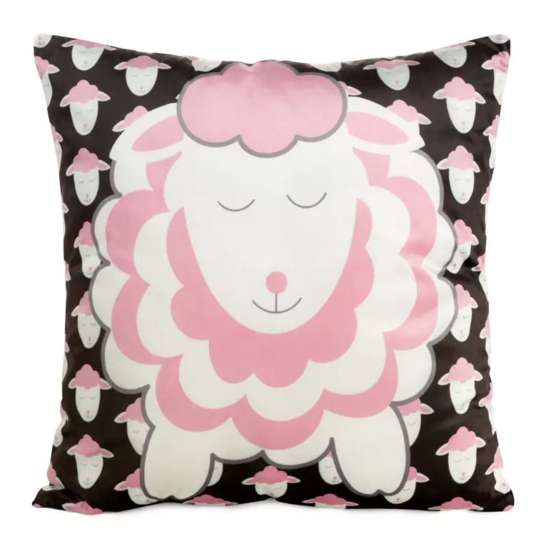 Poszewka na poduszkę 45x45 cm welwetowa, czarno różowa z motywem baranków KIDS 7 B DESIGN 91