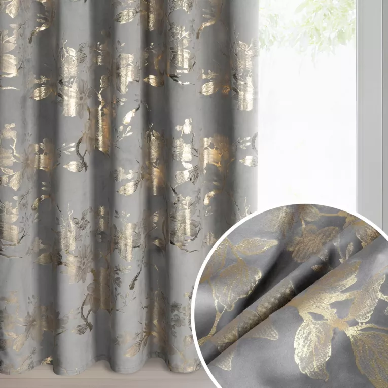 Zasłona stalowo, szampańska zdobiona nadrukiem błyszczących kwiatów 140x270 cm taśma - CELIA