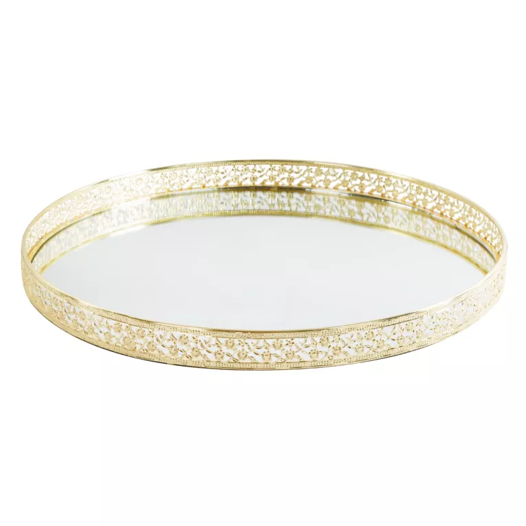 Okrągła taca dekoracyjna RIKI z lustrzanym blatem i ażurowym obrzeżem z metalu, złota