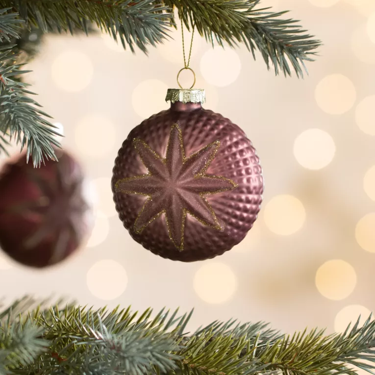 Szklana Bombka ręcznie zdobiona wytłaczanym wzorem wykończona brokatem