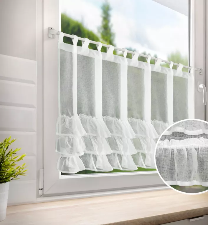 Zazdrostka biała z etaminy zdobiona subtelnymi falbanami 150x70 cm szelki LILIAN