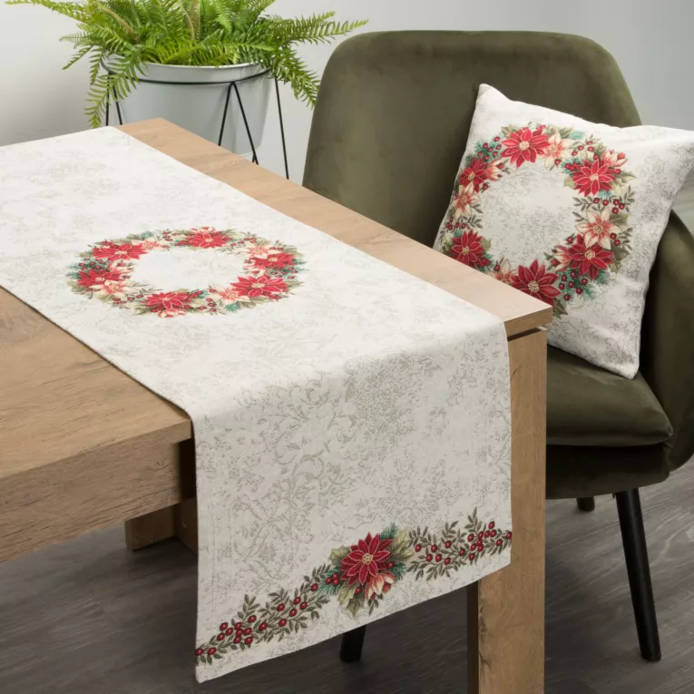 Bieżnik na stół naturalno, czerwony 40x100 cm gobelinowy z motywem świątecznym